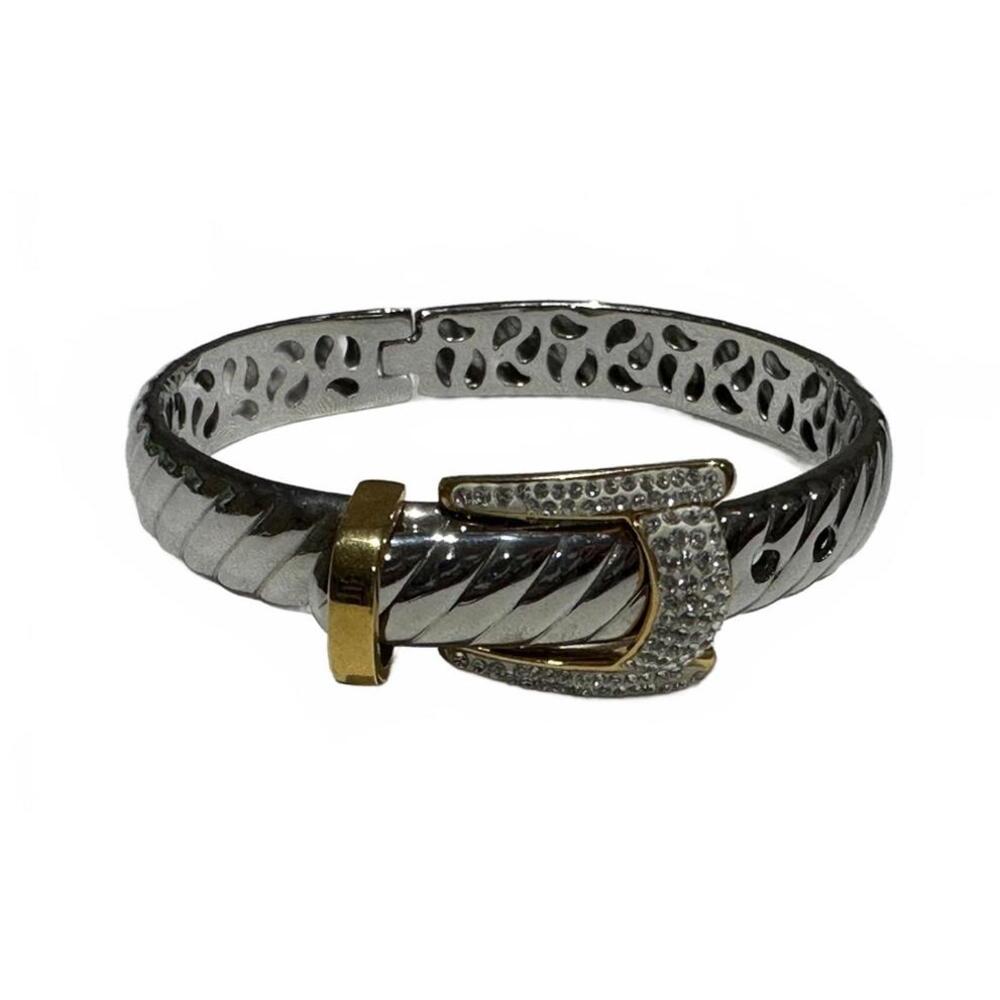 Native American Style Silver and Gold Tone Buckle Bracelet with Rhinestones